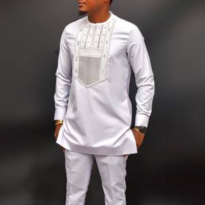 Ensemble Dashiki africain pour <span class=keywords><strong>homme</strong></span>, 2 pièces, chemise et pantalon en polyester brodés or, pour <span class=keywords><strong>tenue</strong></span> d'été, printemps, automne - Product Image 6