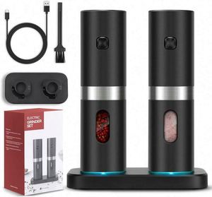 Ensemble moulin à sel et à poivre en acier inoxydable, moulin à épices semi-automatique rechargeable par USB avec base rechargeable - Product Image 1
