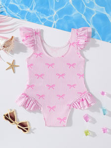 Traje de Baño de una Pieza para Bebé Niña, Diseño ODM, con Lazo, Estampado a Rayas, con Volantes, Suave y Cómodo, de Spandex/Poliéster, para la <span class=keywords><strong>Playa</strong></span> - Product Image 2