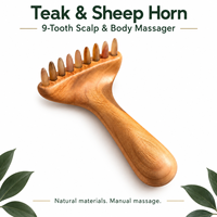 Masseur de cuir chevelu en bois de teck naturel en forme de corne de mouton, peigne de massage manuel à 9 dents pour la tête, le cou, les épaules et le corps, pour la bien-être, vente au détail et en gros