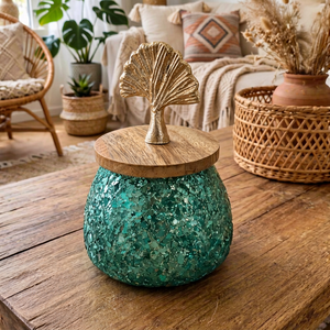 Pot à bougie en verre vert pailleté avec couvercle en bois, lanterne décorative, décoration de bureau et de maison - Product Image 1