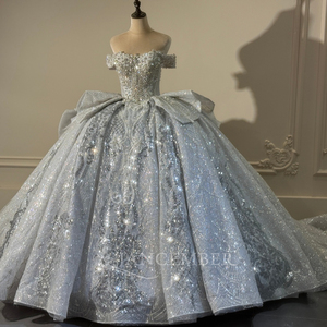 XS307 Shiny Sweetheart Long Lace Sequined <b>Silver</b> Floral Crystals Appliques Wedding Bridal <b>Dresses</b> - Product Image 2