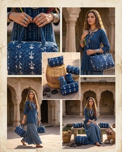 Handmade Fashion Blue <b>Quilted</b> Cotton Large Cosmetic <b>Bag</b> Geometric Print <b>Makeup</b> Pouch Zipper for Case Travel Organizer - Product Image 5
