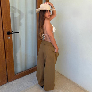 Pantalon d'été décontracté pour femme, taille basse, coupe large, en toile respirante, avec ceinture élastique, couleur unie, coupe ample, ourlet élastique tissé - Product Image 6