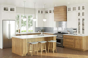 Mini ensemble complet d'armoires de cuisine blanches de style shaker avec poignées dorées de luxe, îlot de cuisine en chêne blanc teinté - Product Image 6