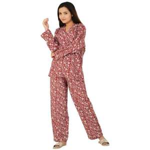 Printed Sleepwear Set 100% Cotton Long Sleeve Shirt and <b>Pants</b> Breathable Lightweight Summer Night Suit Loungewear - Product Image 2