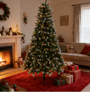 <span class=keywords><strong>Sapin</strong></span> <span class=keywords><strong>de</strong></span> Noël artificiel autoportant 2,3 m pré-éclairé, floqué, pré-décoré avec baies rouges, cônes <span class=keywords><strong>de</strong></span> pin et LED blanc chaud pour la maison et les fêtes - Product Image 5