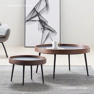 Nordic Minimalist <b>Walnut</b> <b>Coffee</b> <b>Table</b> <b>Round</b> Black Top Living Room Furniture Set - Product Image 3