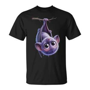 Camiseta Unisex con Estampado Digital de Murciélago Kawaii Volteado, Cuello Redondo, Manga Corta, Promocional - Product Image 1
