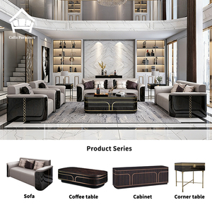 Ensemble de canapés en cuir moderne de luxe, laque noire, finition dorée, meubles de salon, canapé 1+2+3 places avec table basse pour villa, hôtel - Product Image 4