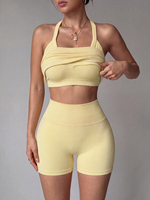 Ensemble de sport 2 pièces pour femme : débardeur côtelé à col halter et short cycliste, col en V profond, coupe ajustée, tenue de yoga et fitness