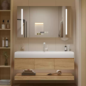 Wholesale Custom High-quality Simple European-style Luxury Wooden <b>Floating</b> Bathroom Vanity with Sink and Mirror - Product Image 5