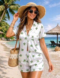 Ensemble de pyjama en satin de soie pour femmes, motif <span class=keywords><strong>cactus</strong></span>, col rabattu, manches courtes, haut boutonné, shorts, vêtements de détente, 2 pièces, lavable en machine - Product Image 4