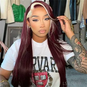 8-30 inch Skunk Stripe Wig Burgundy Highlights Brazilian Human Hair Frontal Lace Wig Red With 613 Blonde Streaks Human Hair Wigs