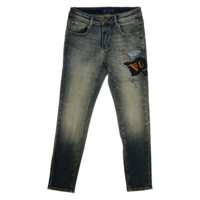 Jean en denim épais vintage pour homme, coupe droite, avec motifs imprimés et patch en cuir véritable pour usage quotidien