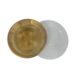 โร<span class=keywords><strong>ง</strong></span><span class=keywords><strong>ง</strong></span>านผลิตภาชนะใส่ซูชิโดยตรง เกรดอาหาร PET บรรจุภัณฑ์เย่ซัง ยูเซิง ขนาด 25 ซม. ภาชนะพลาสติกทร<span class=keywords><strong>ง</strong></span>กลมสีทองพร้อมฝาปิดแบบแบน - Product Image 6