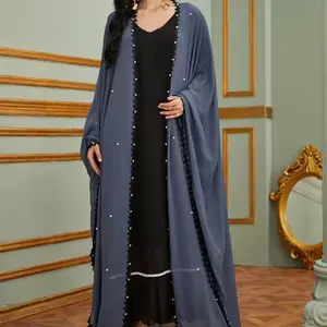 Women's Kaftan Marocain Robe Musulmane Polyester Abaya Dress Embossed Printing Eid Mubarak Celebrations Designed Dubai Turkey