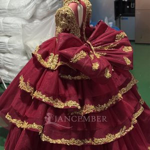 Vestido de Quinceañera Rojo y Dorado con Flores, Vestidos de 15 Años con Lentejuelas, Cuentas y Encaje, Vestido de Fiesta Xs202 - Product Image 4