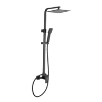 Ensemble de douche contemporain noir mat carré avec pommeau de douche effet pluie, mitigeur en laiton, système de douche mural et barre coulissante pour douchette à main