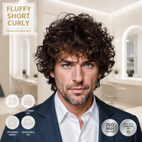 Perruque Courte Bouclée Homme Effet Naturel Châtain Foncé Frange Relevée Fibre Haute Température Faite à la Machine Réglable Vente en Gros par Senmu Beauty