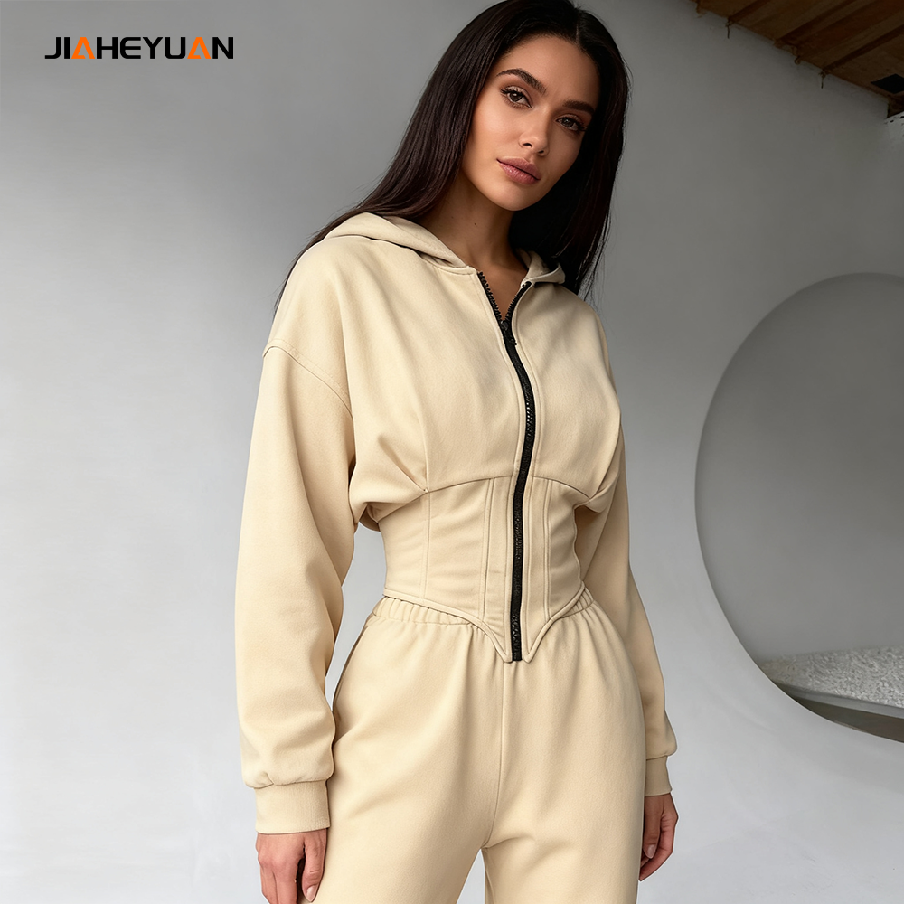 Dtg Custom Logo Y2k Women Tracksuits Zip Hoodies And Wide Leg Pants Blank Womens Jogger Set With Cropped Uneven Hem Hoodie