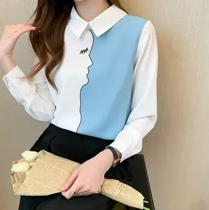 2023 נשים אביב סתיו בציר תפרים הדפסת חולצות קוריאני אלגנטי משרד חולצה ארוך שרוול חולצה גבירותיי שיפון חולצה למעלה