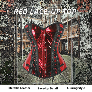 Corsetto Bustier Steampunk per Donne, <span class=keywords><strong>Sexy</strong></span> Top Rosso con Lacci Frontali, Corsetto Traspirante in Finta Pelle Metallizzata e Raso - Product Image 3