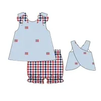 Kinder 4. Juli Flagge Smocked Kleider Custom Design Matching Seer sucker Outfit Kinder Patriotische Stickerei Kleidung