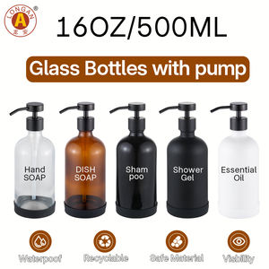 Bouteille <span class=keywords><strong>en</strong></span> <span class=keywords><strong>Verre</strong></span> Pompe Métal Boston Ronde Mat Noir Brillant Noir 16oz 500ml pour Shampooing, Lotion ou Savon Longan - Product Image 1