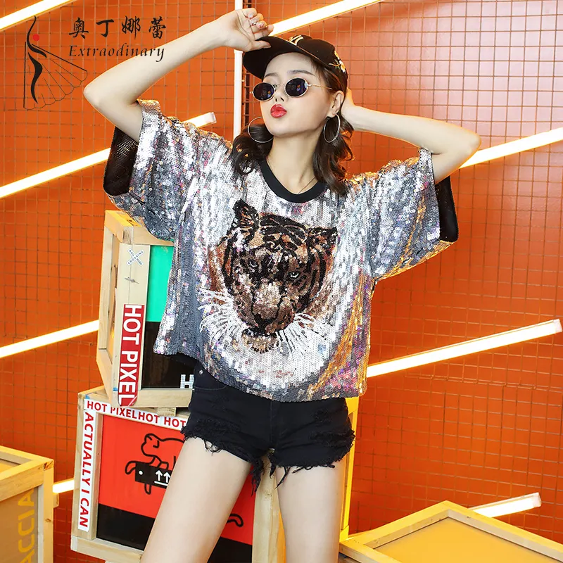 Women Girls Loose sequin t shirt with tiger