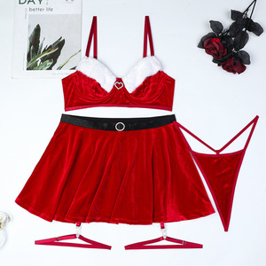 <b>Sexy</b> Satin V-neck Velvet Christmas Dress Lingerie <b>Set</b> New High Quality 4-piece Underwear <b>Set</b> - Product Image 6