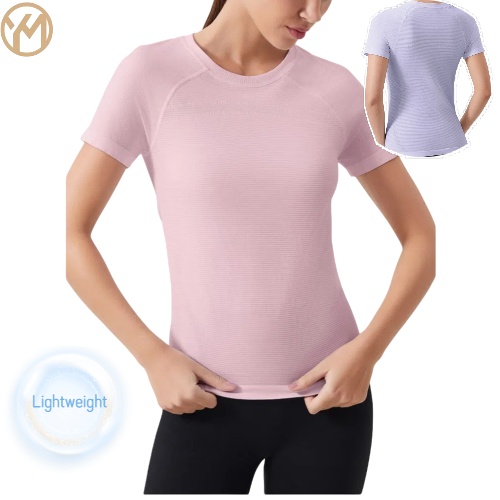 Yimo Women Round Neck Short Sleeves Workout Shirt Female Breathable High Stretch Yoga Top Lady Quick Drying Running T-shirt