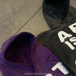 Vêtements de rue LOGO personnalisé patch broderie délavé éponge française en détresse brodé 400Gsm lavage à l'acide à capuche - Product Image 4