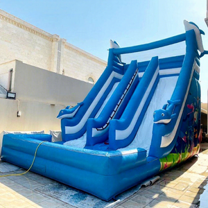 Double drop dual lanes blue wave dolphin inflatable water <b>slide</b> commercial bounce house with <b>pool</b> - Product Image 1