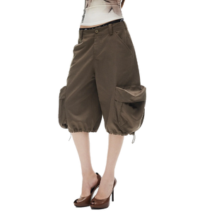 Wholesale Custom Logo <strong>Women</strong> Oversized <strong>Knee</strong> <strong>Length</strong> <strong>Cargo</strong> <strong>Shorts</strong> Big Flap Side Pockets Adjustable Drawstring Hem Wide Leg <strong>Shorts</strong> - Product Image 2
