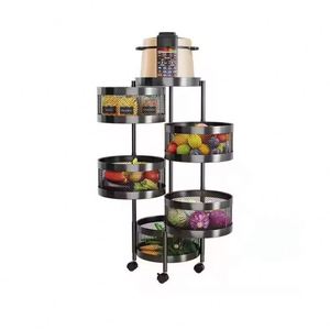 Direct From Manufacturer Rotating 3 4 5 Tier Practical Trolley <b>Kitchen</b> Round Wheels <b>Storage</b> Rack Waterproof Foldable Metal Black - Product Image 6