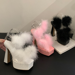 Hot Sale Summer Rhinestone Fur <b>Sandals</b> 2024 New Thick High Heel <b>Sandals</b> - Product Image 4