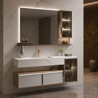 Meuble-lavabo flottant de luxe moderne avec vasque et miroir LED, ensemble de meubles de salle de bain en bois à fixation murale pour projets hôteliers et d'appartements