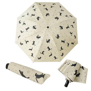 Parapluie compact design chat dessin animé 21 pouces, imperméable, protection UV, 3 plis automatique pour soleil et pluie - Product Image 1