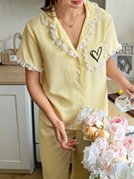Ensemble de pyjamas en coton à carreaux pour femmes d'été Col en V avec bordure en dentelle Manches courtes Pyjamas en bambou personnalisés pour femmes