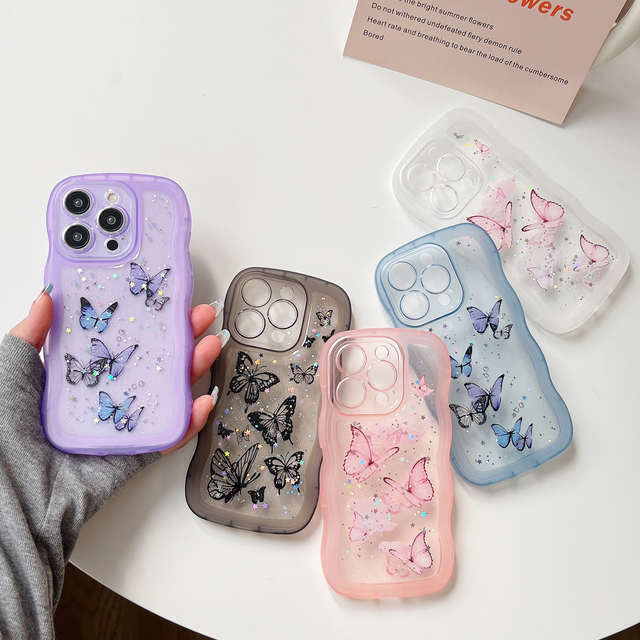 Glitter Stars Butterfly Clear Phone Case for iPhone 16E 11 12 13 14 15 16 Pro Max Soft TPU Wave Edges Shockproof Cover Shell