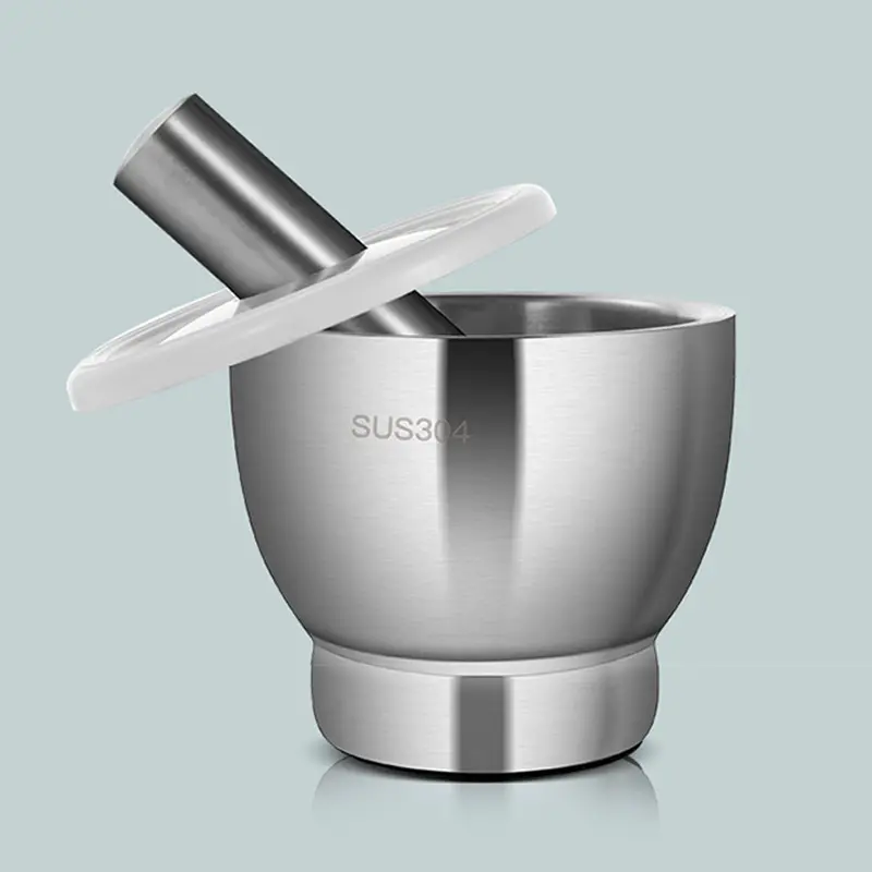 Kustom Mortar dan Alu Dapur Logam Penumbuk Bawang Putih 304 Mortar dan Alu Set Stainless Steel dengan Non-Slip Silikon