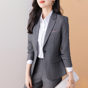 Women's Suit Set Gray Wool Blend Full Sleeve Anti-Wrinkle Formal <b>Work</b> Wear Business Interview Office Uniform Spring Autumn - Product Image 1