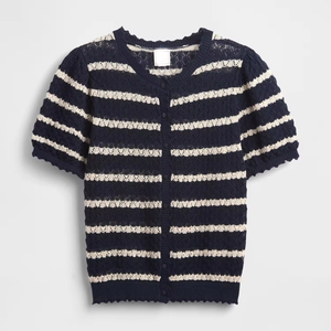 <span class=keywords><strong>Cardigan</strong></span> con scollo a V a manica corta in maglia Jacquard di ispirazione Vintage con orlo a coste e polsini eleganti con bottoni - Product Image 1