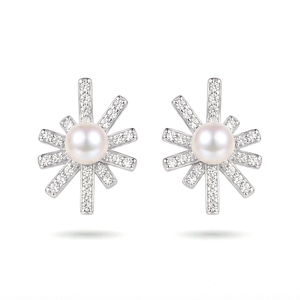 Pendientes de perlas de agua dulce: engaste de cinta de cobre plateado con circonita cúbica – Joyería elegante para mujer, a la moda - Product Image 1