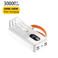 Nouvelle conception de batterie externe portable 30000 mAh, charge rapide PD 22,5 W, écran LED, sortie USB-C, batterie externe 30000 mAh avec câble intégré, lumière