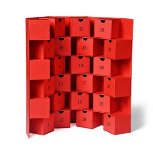 Caja de Calendario de Adviento de Cartón Rojo Cuadrado, 24 Días, Autoensamblable, Reutilizable, Caja de Regalo con Cajones para Almacenamiento y Manualidades - Product Image 1