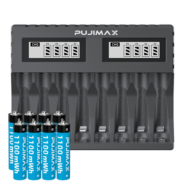 PUJIMAX 8 Slots Lithium Battery Charger with LCD Screen Display and Cylindrical Lithium-ion Battery 1.5V 1100mWh Home Appliances
