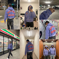Sweat à capuche en chenille avec effet éclaboussures de strass, veste zippée violette délavée pour homme, streetwear personnalisé avec patchs