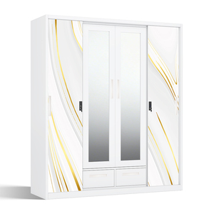 Armoire en acier imprimé avec miroir, 4 portes coulissantes et tringle de suspension - Product Image 2